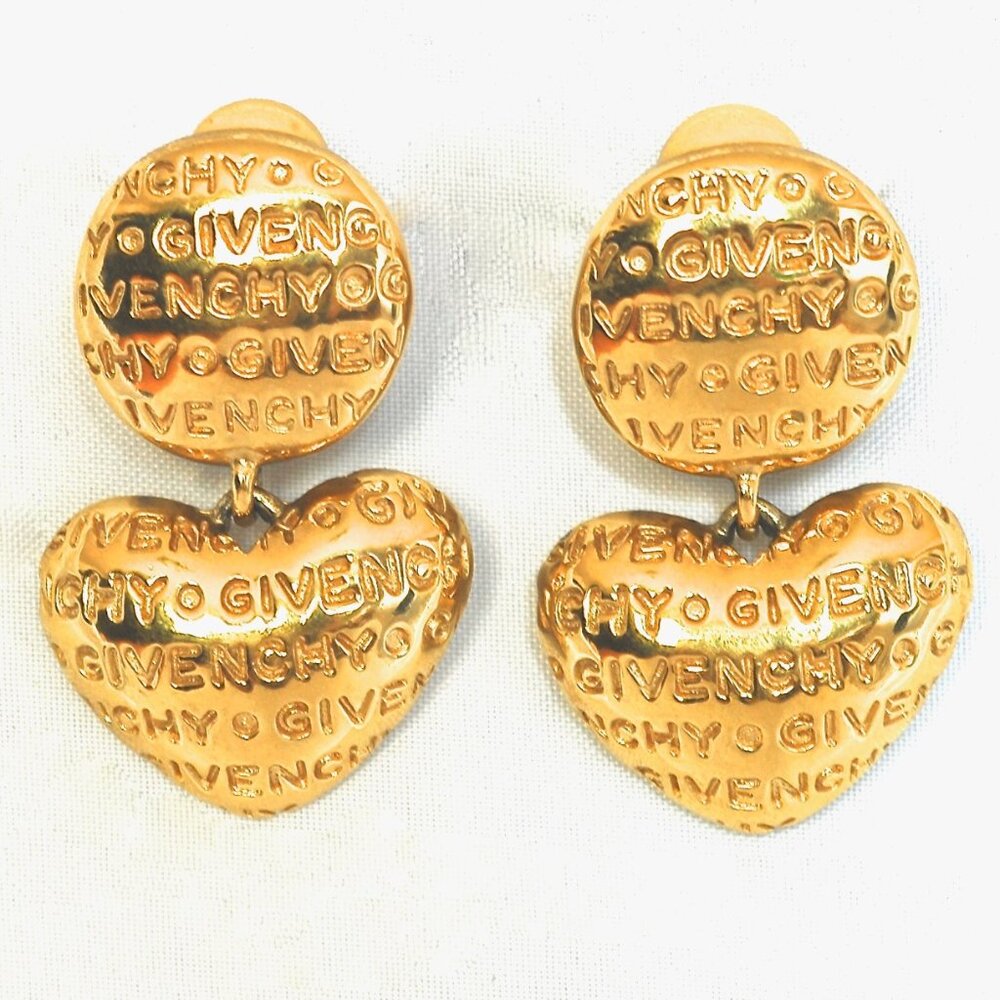 Givenchy Engraved Gold Tone Heart & Circle Earrings - Signed
